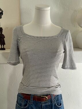 Faherty Ribbed Square Neck Tee Striped Gray Black NWT Size Small